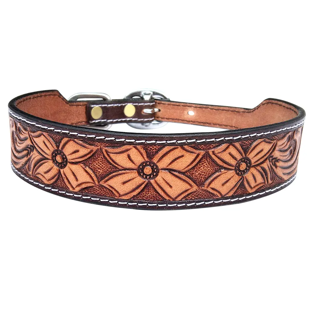 Bar H Equine Western Genuine Leather Dog Collar Hand Tooled Brown 1