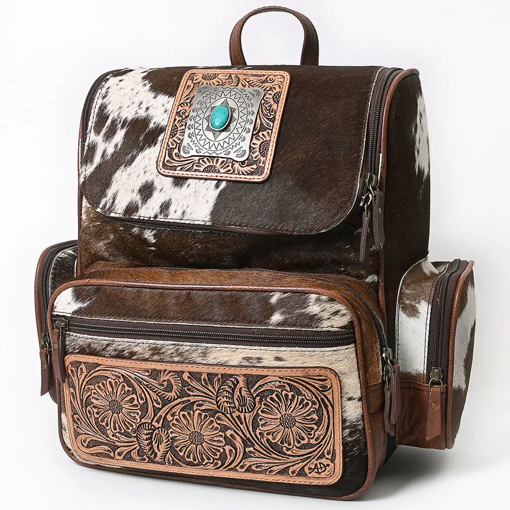 American Darling Backpack For Women, Hand Tooled Floral Leather, Hair-On Cowhide, Turquoise Concho, Genuine Western Leather 1