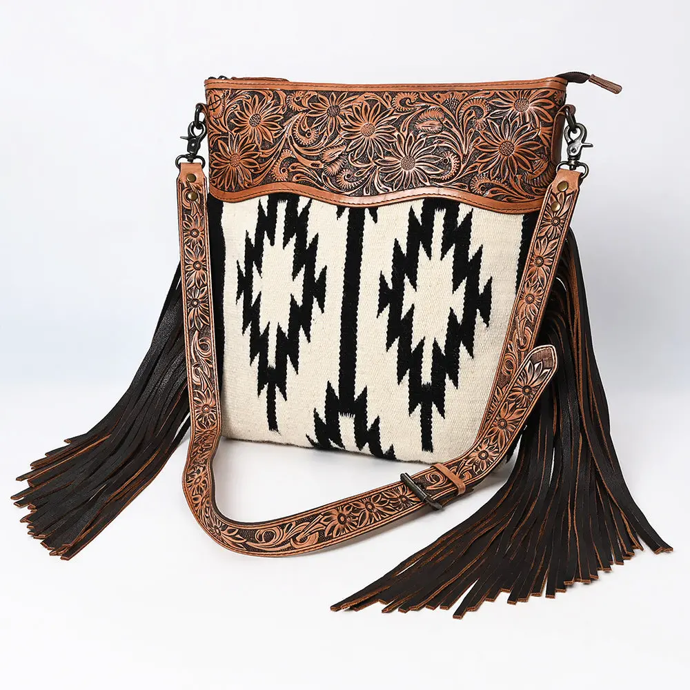American Darling Signature Cross Body Bag For Women, Hand Tooled Floral Leather & Woven Saddle Blanket, Western Fringed Purse 1