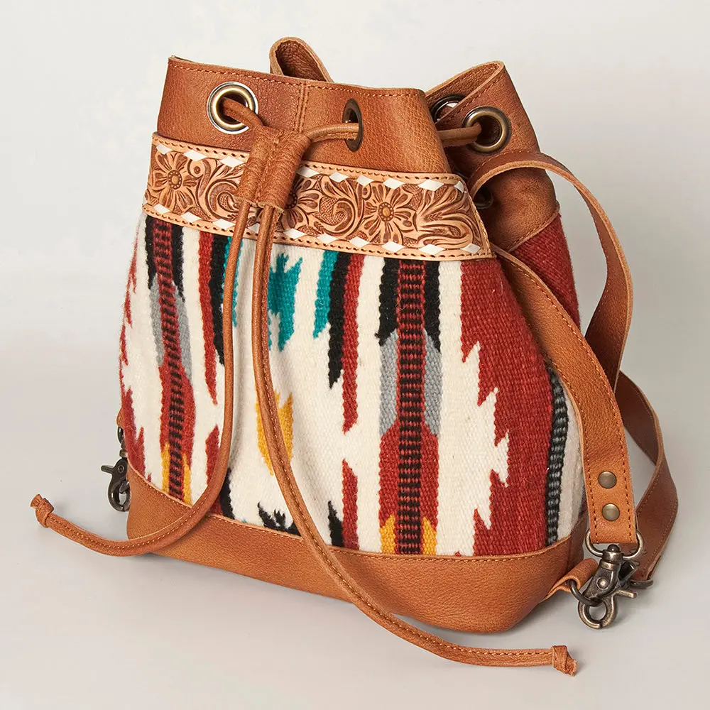 American Darling Bucket Bag For Women, Hand Tooled Floral Leather, Hand-Woven Saddle Blanket, Western Style Genuine Leather 1