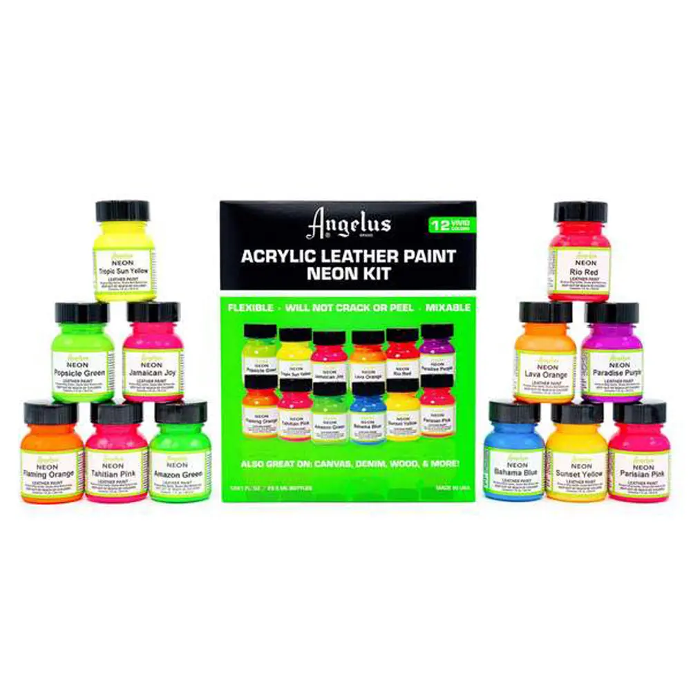Angelus Acrylic Leather Paint Neon Color Kit 12 Colors 1Oz 1