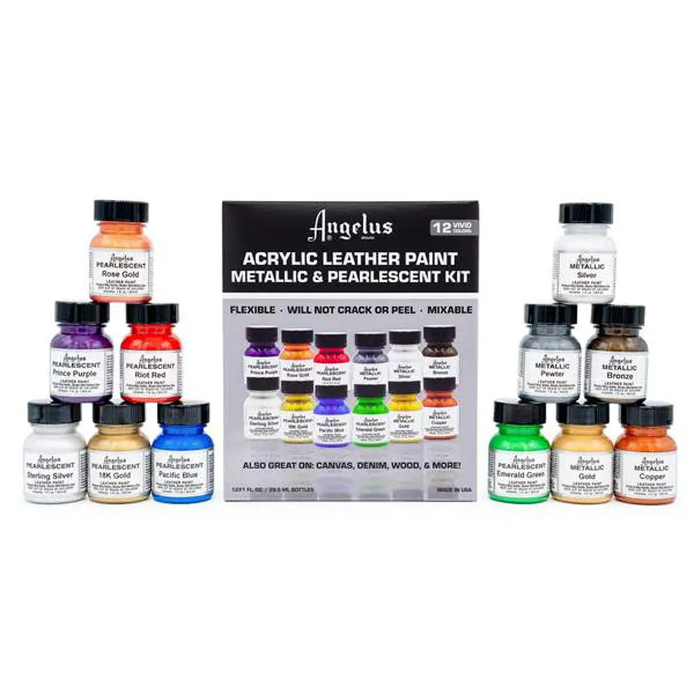 Angelus Pearlescent And Metallic Acrylic Leather Paint Kit 12 Colors 1Oz 1