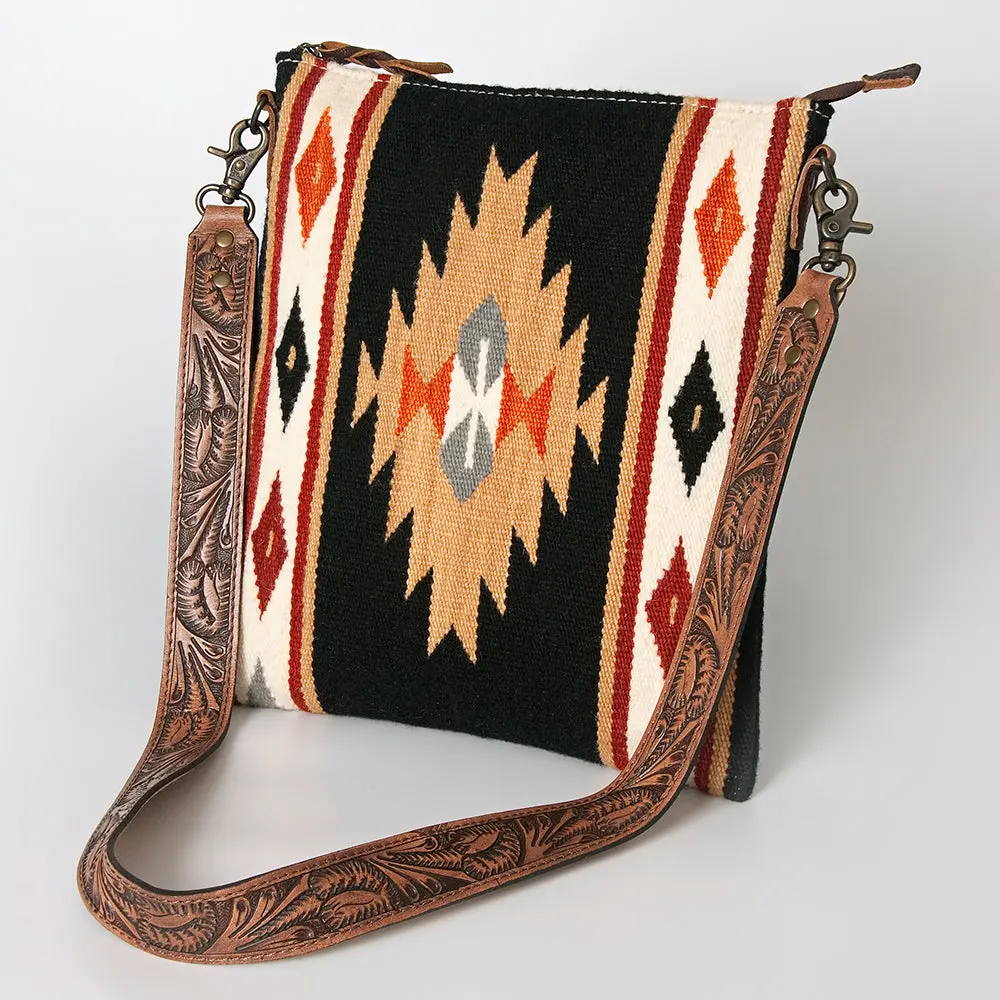 American Darling Large Cross Body Bag For Women, Hand Tooled Floral Leather, Hand Woven Saddle Blanket, Genuine Leather Purse 1
