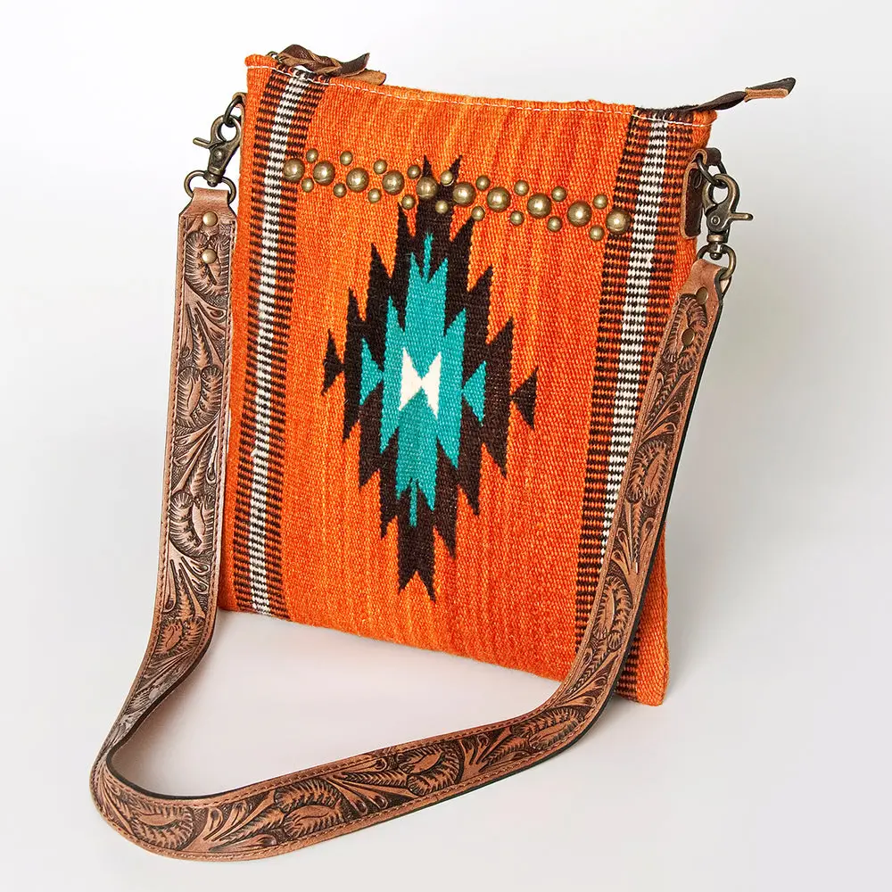 American Darling Large Cross Body Bag For Women, Hand Tooled Leather & Woven Saddle Blanket, Western Style Genuine Leather 1
