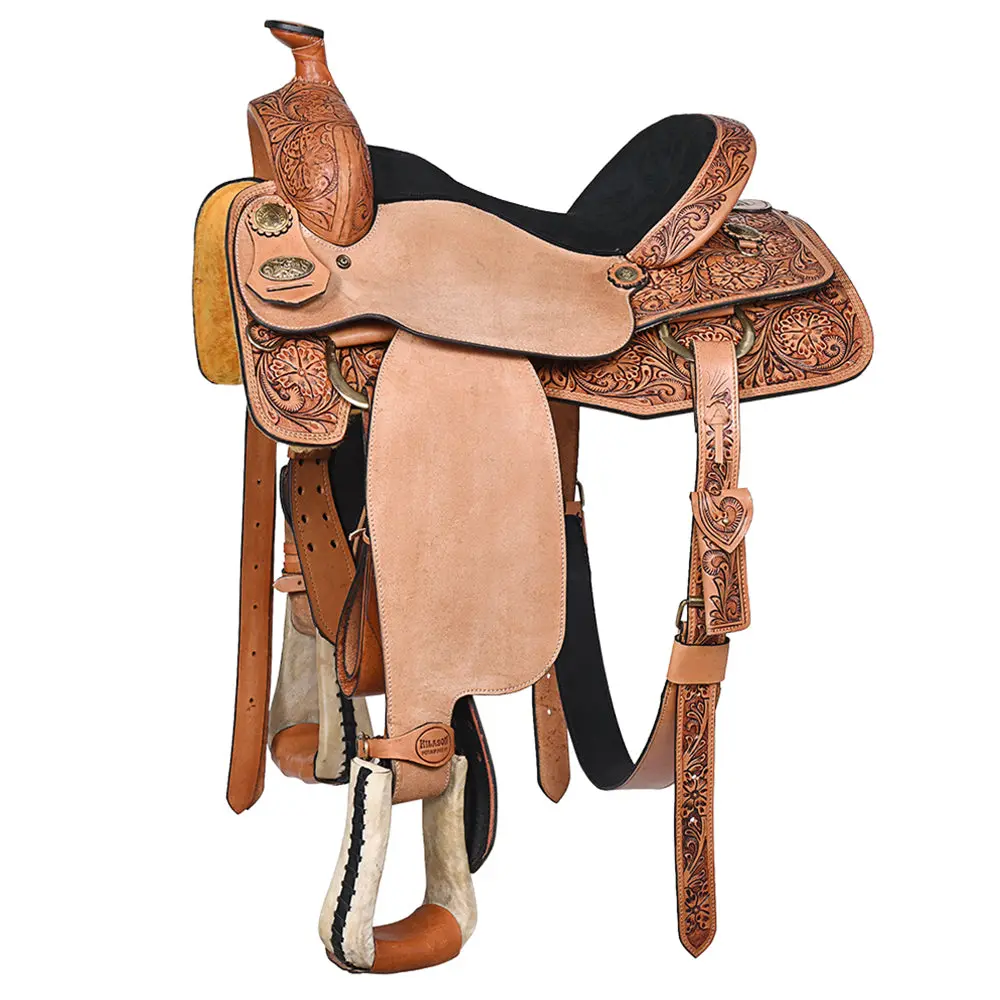 Hilason Hand-Tooled Tan Leather Western Roping Saddle | Heavy-Duty Ranch & Trail Work Saddle 1