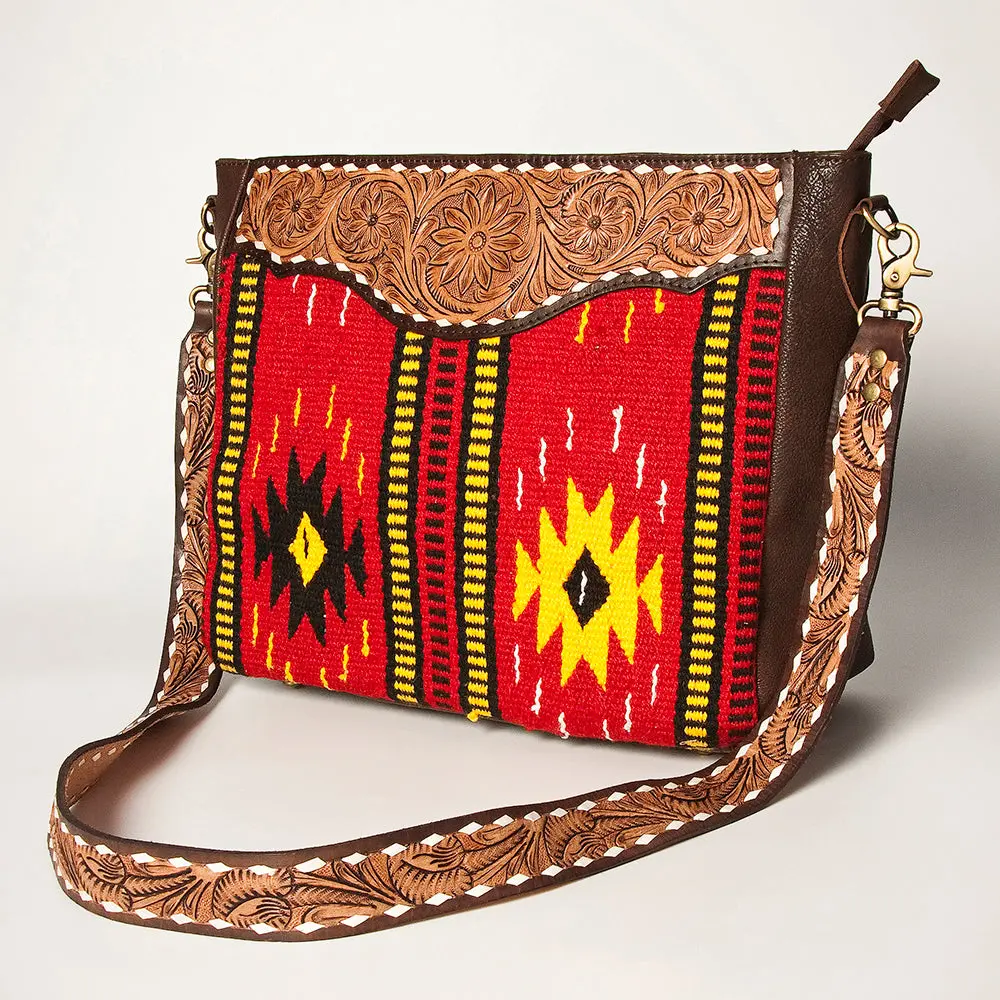 American Darling Women's Messenger Bag Hand Woven Saddle Blanket Hand Tooled Floral Carved Vegetable-Tanned Genuine Leather Ykk Zipper 1