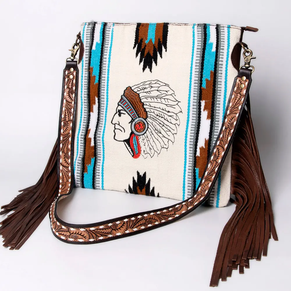 American Darling Large Cross Body Bag Hand Woven Saddle Blanket Vegetable-Tanned Genuine Leather Fringes Buck Stitched 2