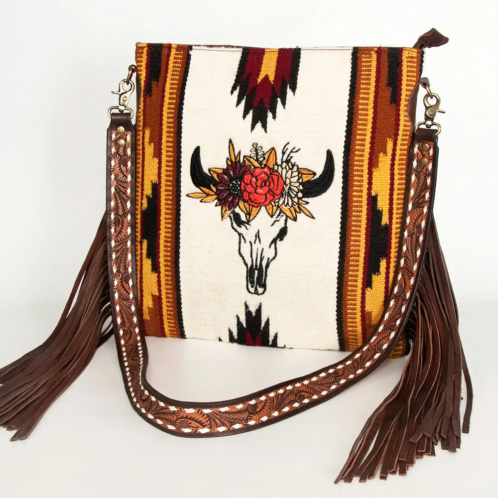 American Darling Large Cross Body Bag Hand-Woven Saddle Blanket Vegetable-Tanned Genuine Leather Fringes Hand Tooled 1