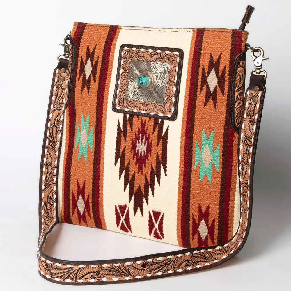 American Darling Large Cross Body Bag Hand-Woven Saddle Blanket Vegetable-Tanned Genuine Leather Floral Carved Buck Stitched 5