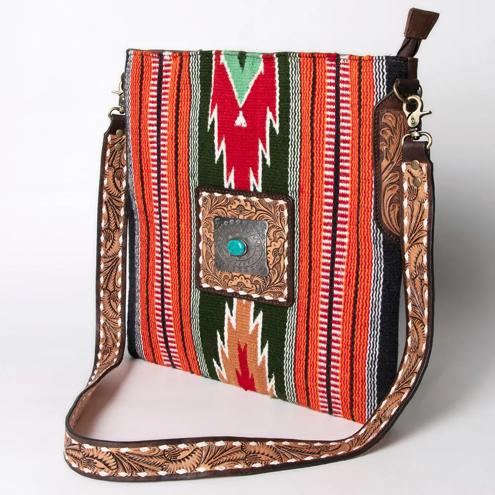 American Darling Large Cross Body Bag Hand-Woven Saddle Blanket Vegetable-Tanned Genuine Leather Buck Stitched Turquoise Concho 1