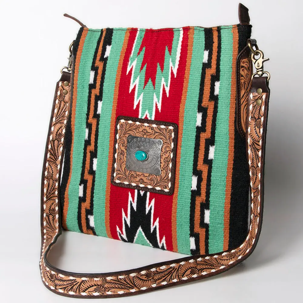 American Darling Large Cross Body Bag Hand-Woven Saddle Blanket Vegetable-Tanned Genuine Leather Buck Stitched Turquoise Concho 1