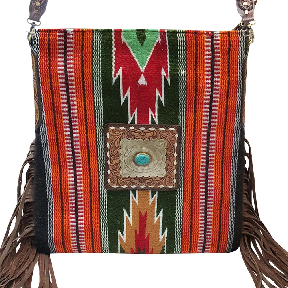 American Darling Large Cross Body Bag Hand-Woven Saddle Blanket Vegetable-Tanned Genuine Leather Fringes Turquoise Concho 2