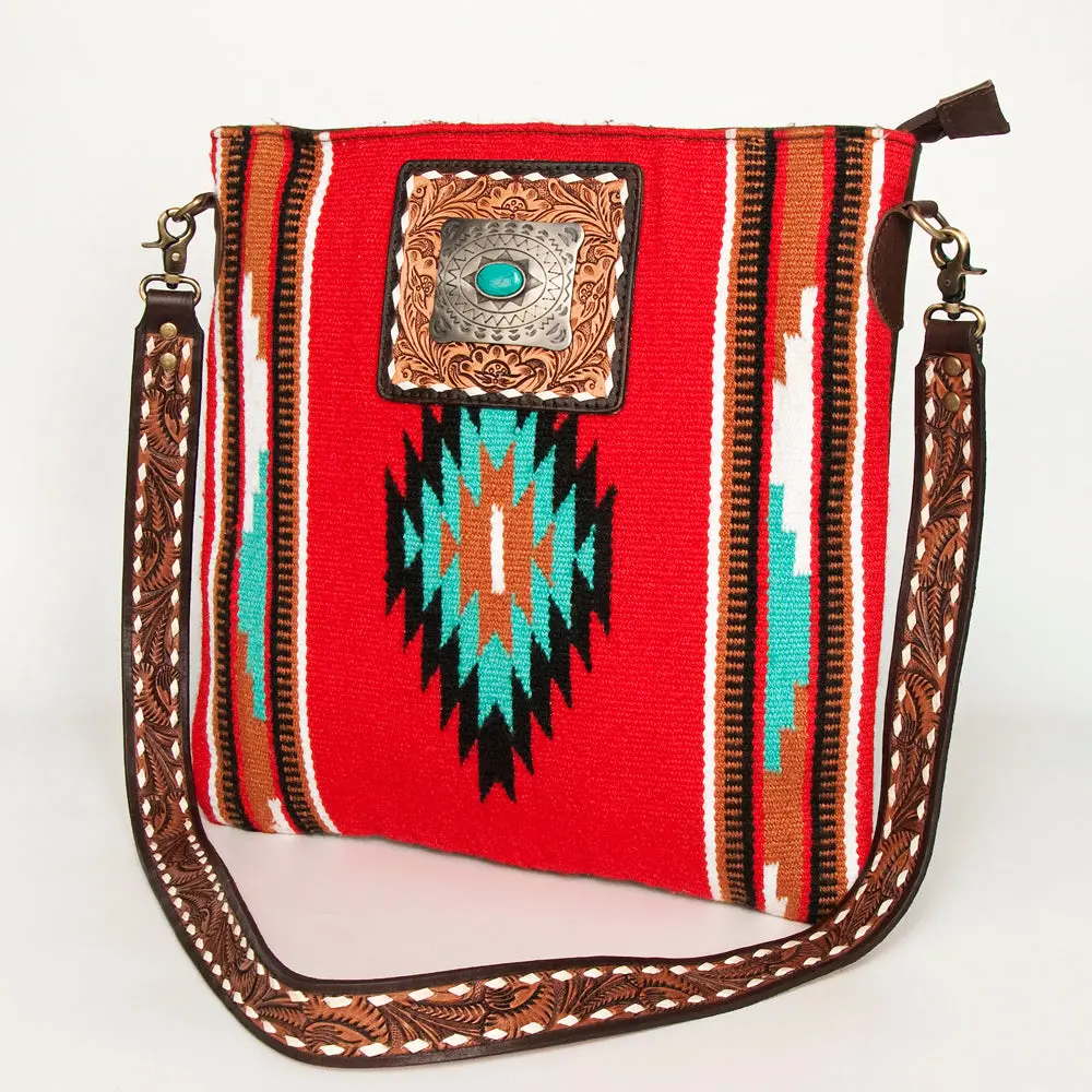 American Darling Large Cross Body Bag Hand Woven Saddle Blanket Vegetable-Tanned Genuine Leather Floral Carved Turquoise Concho 1