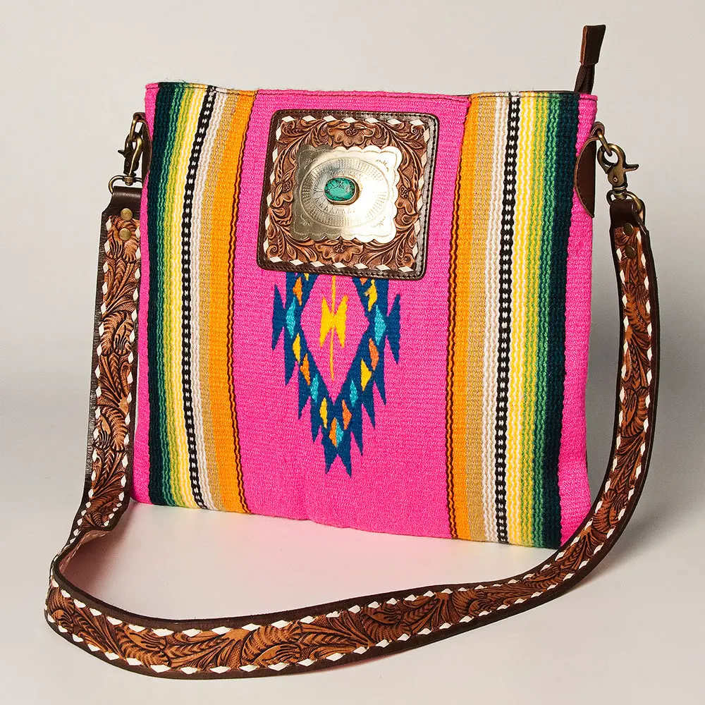 American Darling Large Cross Body Bag Hand Woven Saddle Blanket Vegetable-Tanned Genuine Leather Floral Carved Turquoise Concho 1
