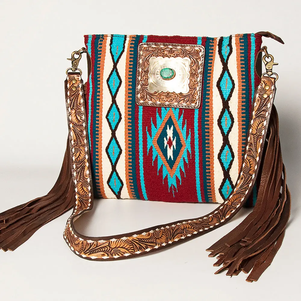 American Darling Large Cross Body Bag Hand-Woven Saddle Blanket Vegetable-Tanned Genuine Leather Fringes Turquoise Concho 1