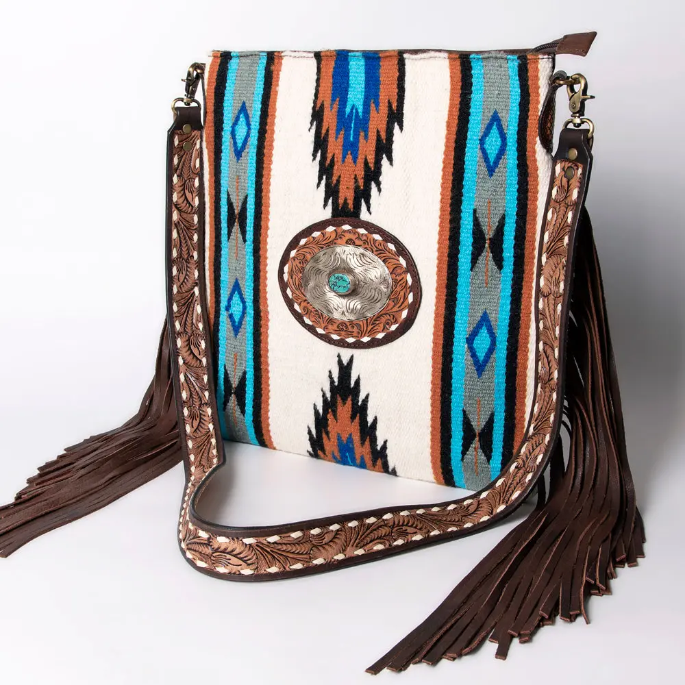 American Darling Large Cross Body Bag Hand Woven Saddle Blanket Vegetable-Tanned Genuine Leather Floral Carved Fringes Concho 1
