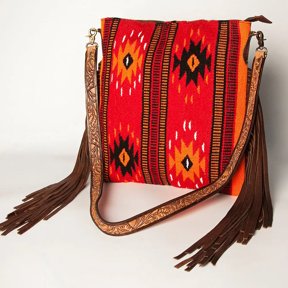 American Darling Large Cross Body Bag Hand Woven Saddle Blanket Vegetable-Tanned Genuine Leather Fringes Hand Tooled 2