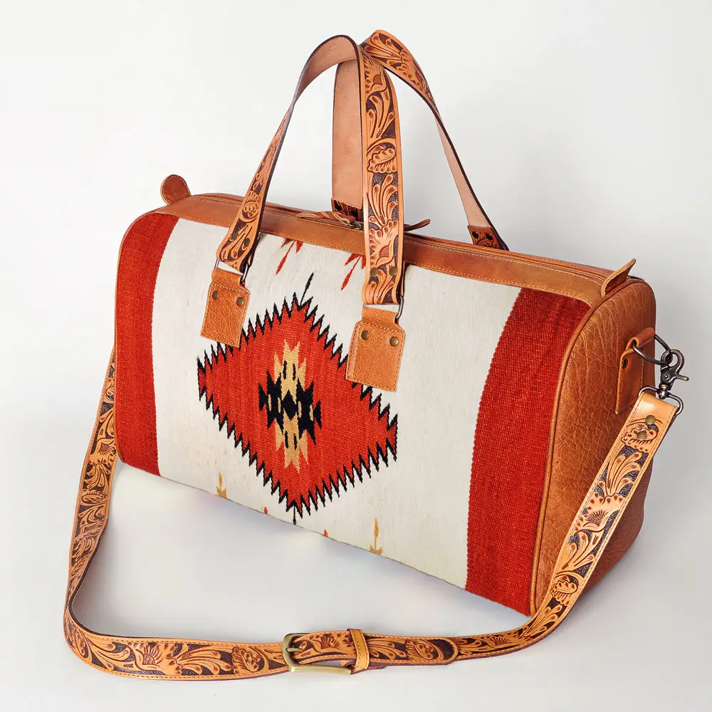 American Darling Duffel Bag For Travel, Hand Tooled Floral Leather & Woven Saddle Blanket, Genuine Western Leather Weekender 1