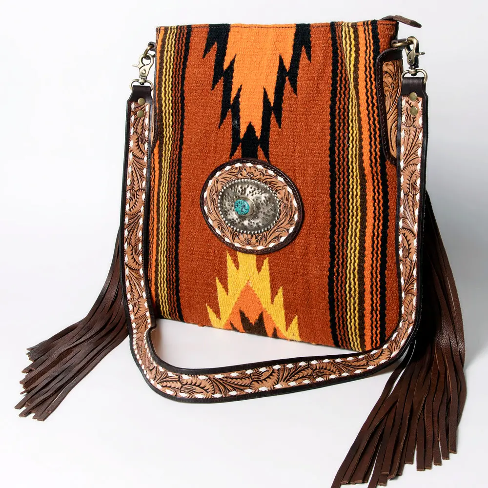 American Darling Large Cross Body Bag Hand Woven Saddle Blanket Vegetable-Tanned Genuine Leather Floral Carved Turquoise Concho 1