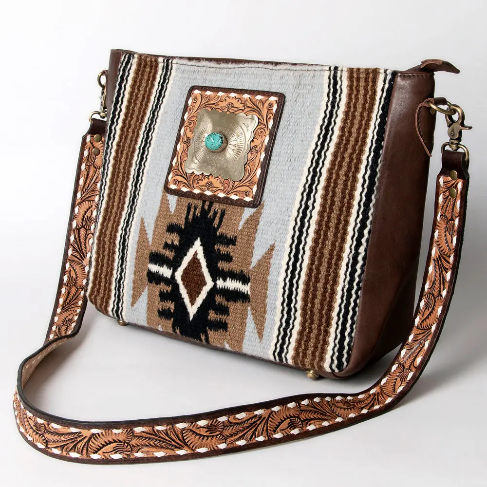 American Darling Large Cross Body Bag Hand Woven Saddle Blanket Vegetable-Tanned Genuine Leather Floral Carved Buck Stitched Turquoise Concho 2
