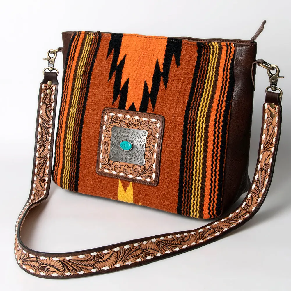American Darling Large Cross Body Bag For Women - Hand Tooled Leather, Hand Woven Saddle Blanket & Turquoise Concho Crossbody 1