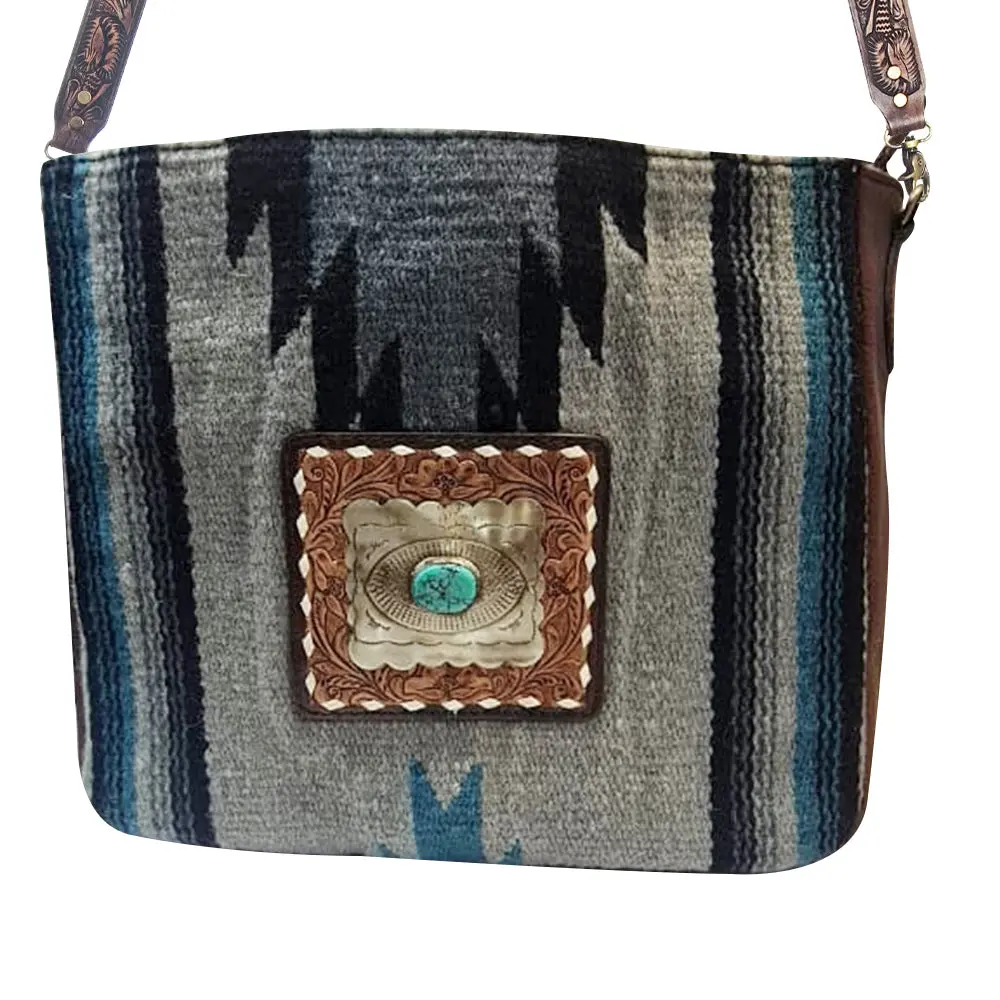 American Darling Large Cross Body Bag For Women - Hand Tooled Leather, Hand Woven Saddle Blanket & Turquoise Concho Crossbody 1
