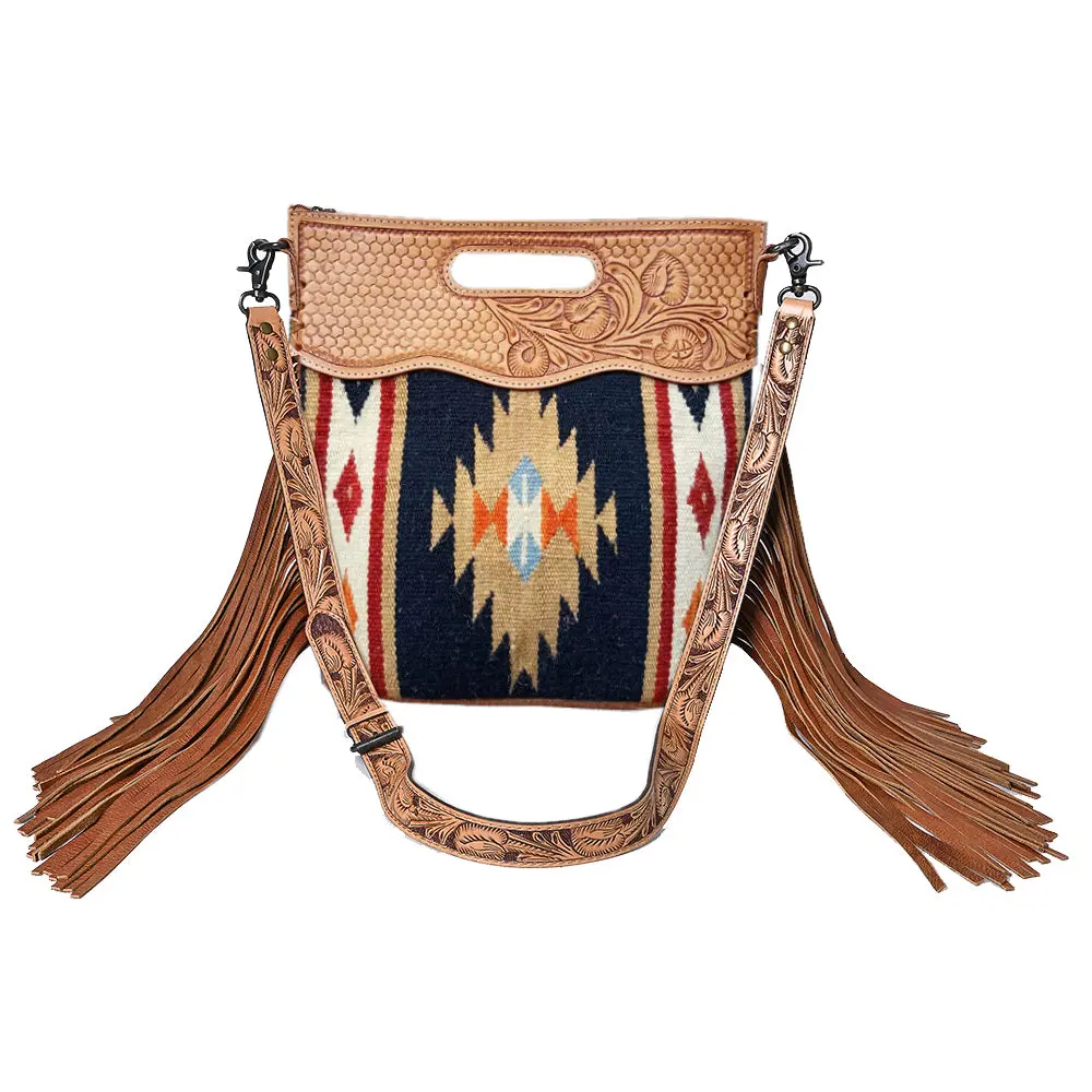 American Darling Cross Body Bag, Hand Tooled Floral Carved Vegetable-Tanned Leather, Woven Saddle Blanket & Fringes 1