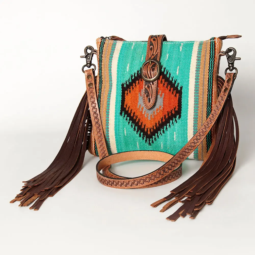 American Darling Hand Woven Saddle Blanket & Handcrafted Western Hand Tooled Cross Body Bag, Genuine Vegetable-Tanned Leather 1