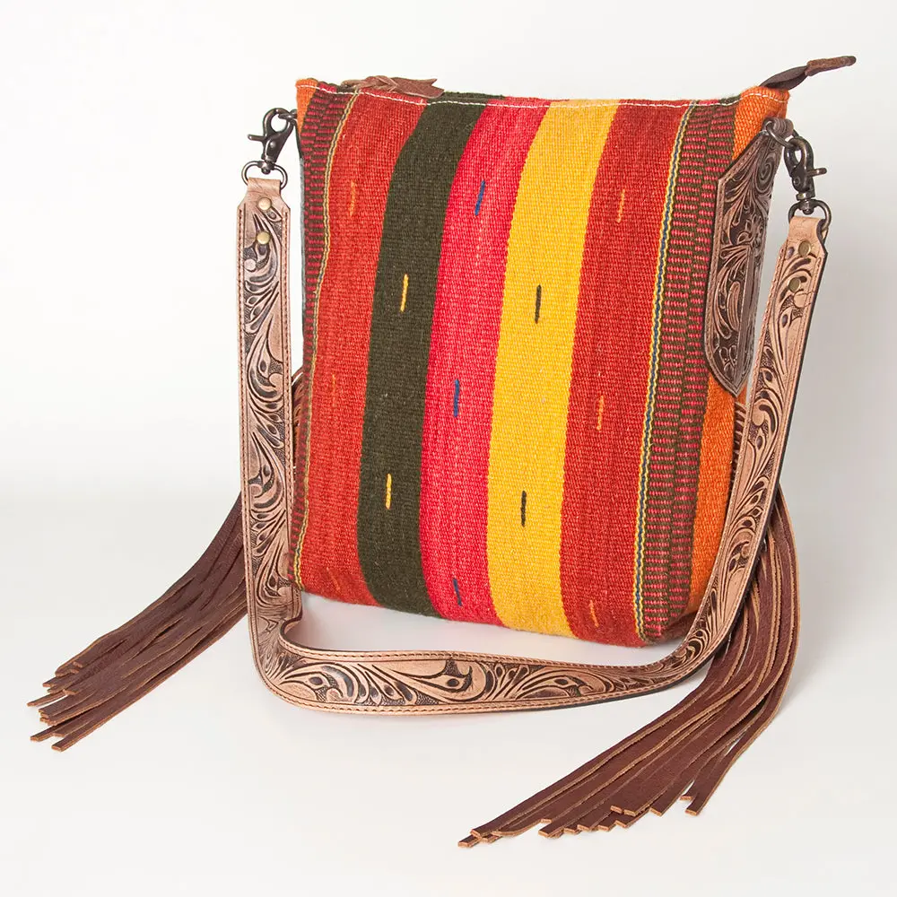 American Darling Cross Body Bag Hand Woven Saddle Blanket Hand Tooled Western Leather Purse With Fringes 15In X 15In X 3In 6