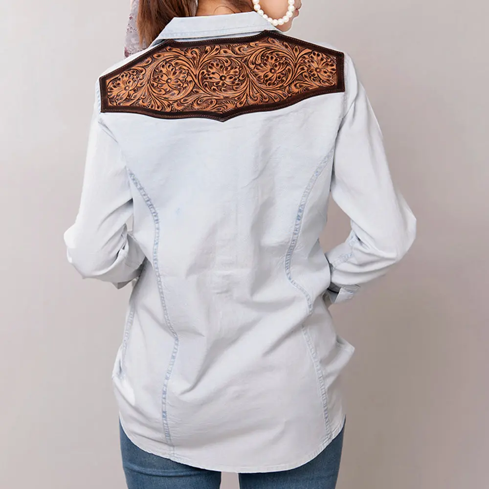 American Darling Genuine Leather Hand Tooled Carved Women 100% Cotton Denim Blazer Dress Jacket Ladies |Vintage 1