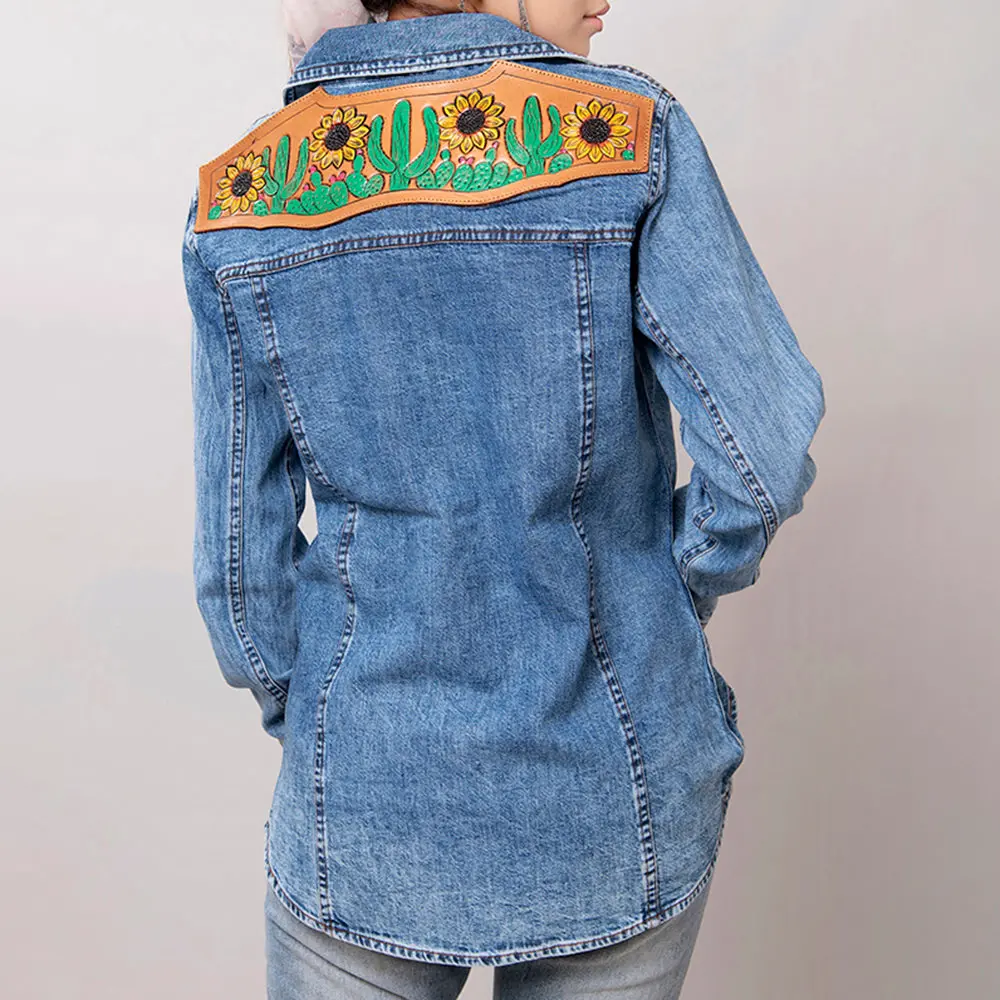 American Darling Genuine Leather Hand Tooled Carved Women 100% Cotton Denim Blazer Dress Jacket Ladies |Vintage 1