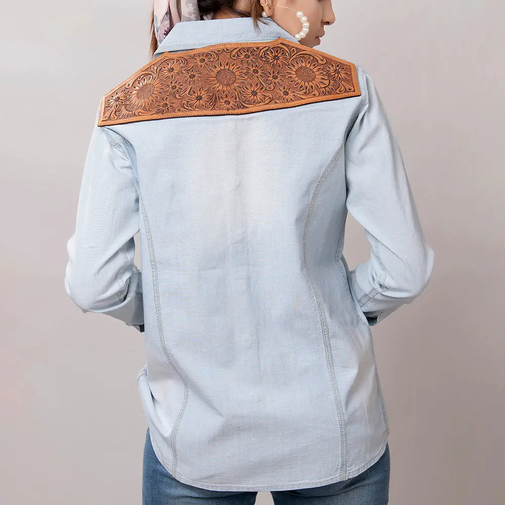 American Darling Genuine Leather Hand Tooled Carved Women 100% Cotton Denim Blazer Dress Jacket Ladies |Vintage 1