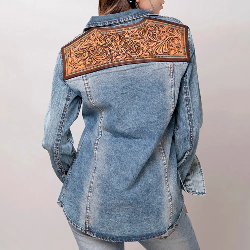 American Darling Genuine Leather Hand Tooled Carved Women 100% Cotton Denim Blazer Dress Jacket Ladies |Vintage 1