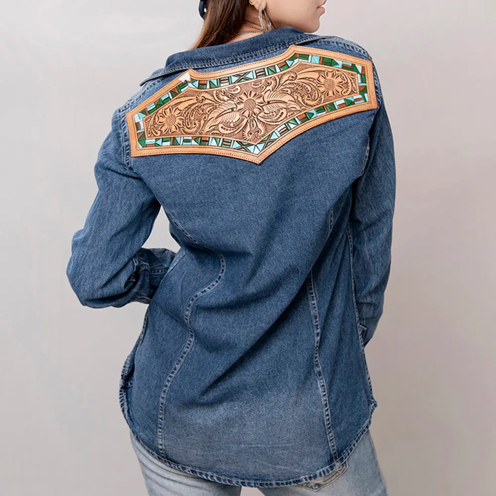 American Darling Genuine Leather Hand Tooled Carved Women 100% Cotton Denim Blazer Dress Jacket Ladies |Vintage 1