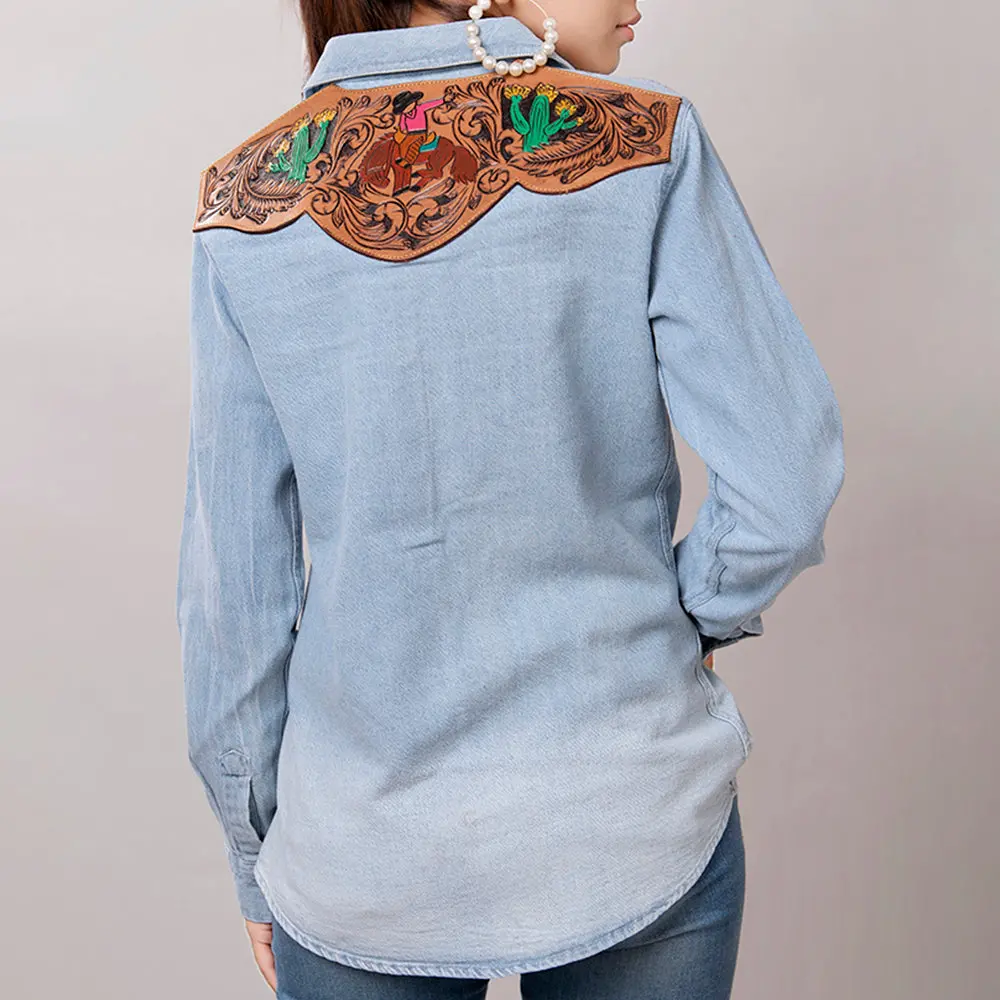 American Darling Genuine Leather Hand Tooled Carved Women 100% Cotton Denim Blazer Dress Jacket Ladies |Vintage 1
