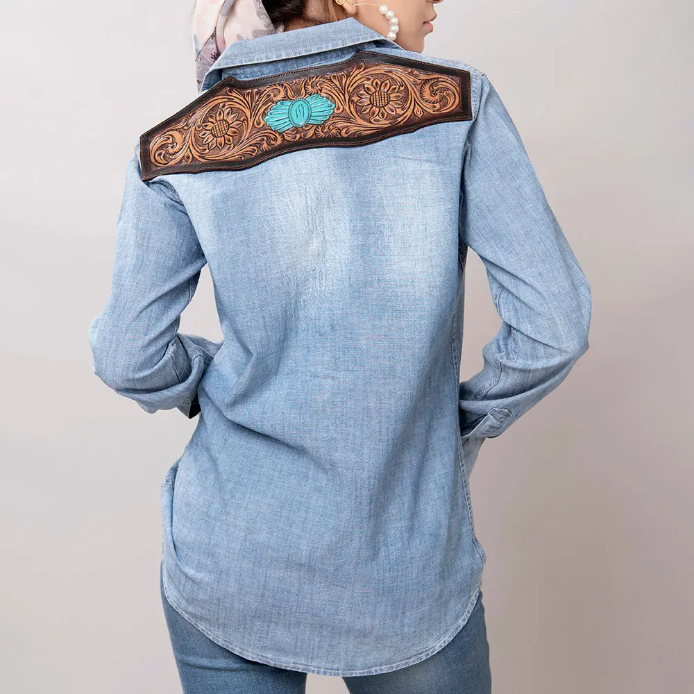American Darling Genuine Leather Hand Tooled Carved Women 100% Cotton Denim Blazer Dress Jacket Ladies |Vintage 1