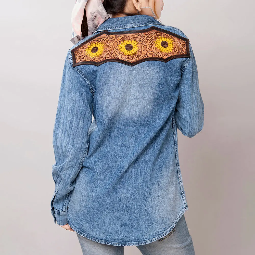 American Darling Genuine Leather Hand Tooled Carved Women 100% Cotton Denim Blazer Dress Jacket Ladies |Vintage 1