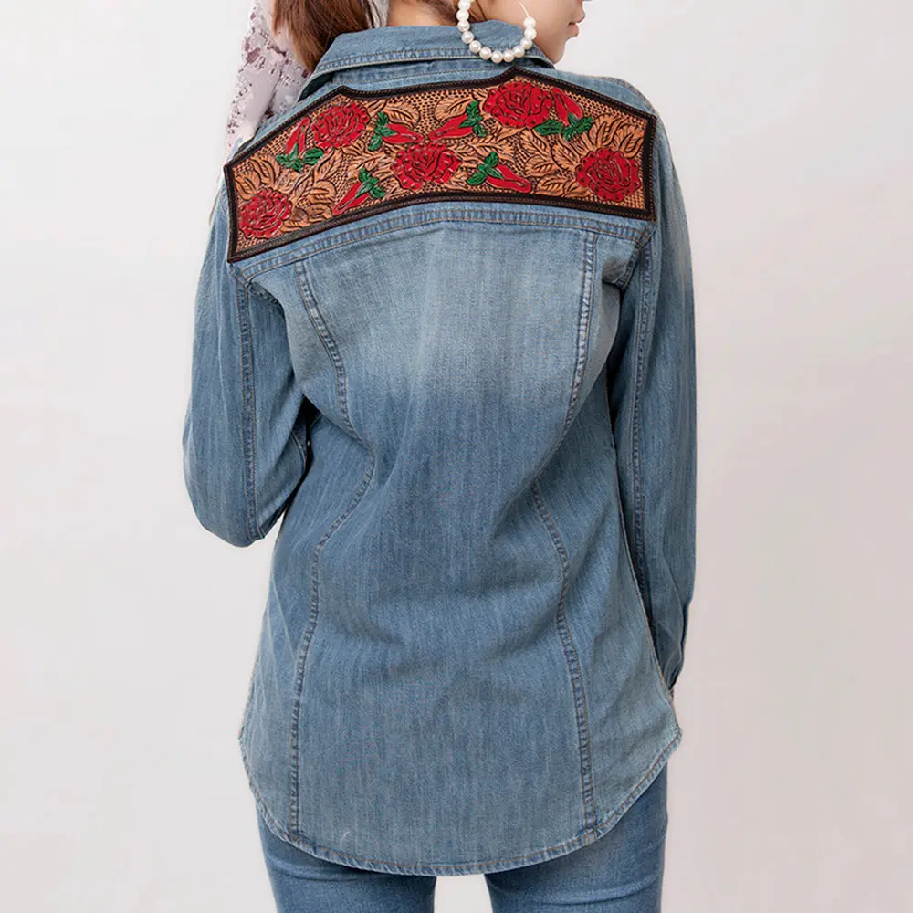 American Darling Genuine Leather Hand Tooled Carved Women 100% Cotton Denim Blazer Dress Jacket Ladies | Vintage 1