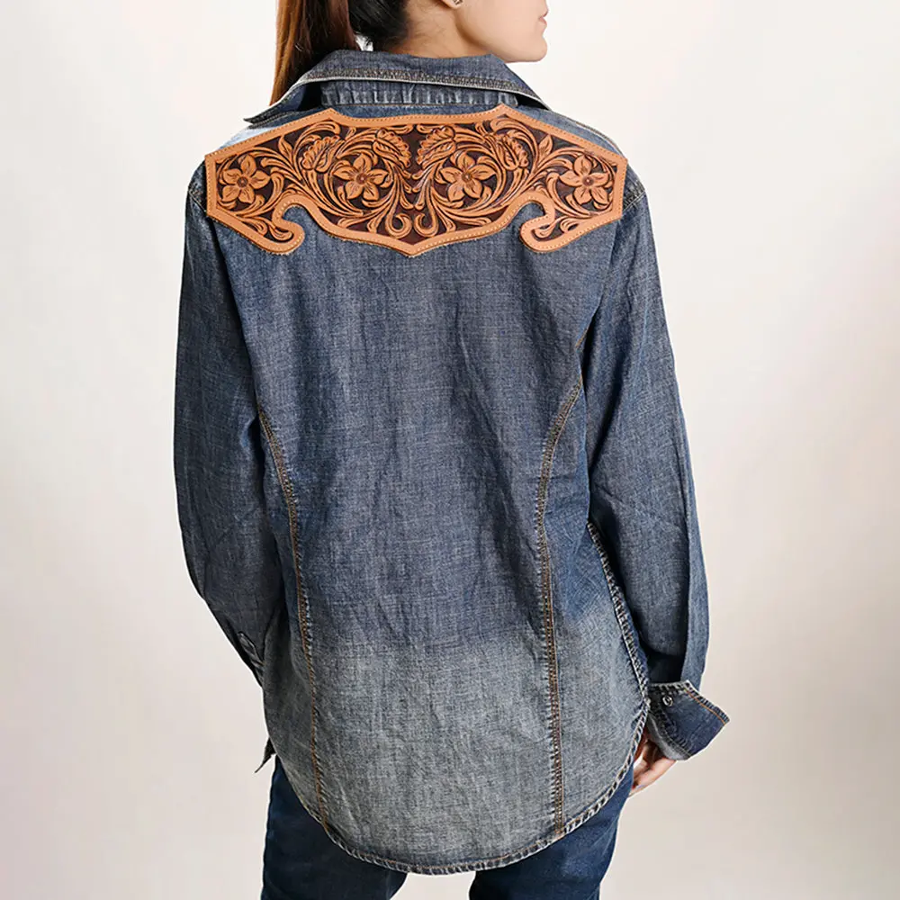 American Darling Genuine Leather Hand Tooled Carved Women 100% Cotton Denim Blazer Dress Jacket Ladies | Vintage 1
