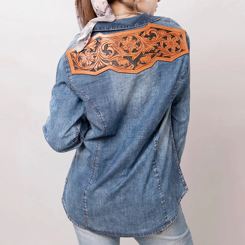 American Darling Genuine Leather Hand Tooled Carved Women 100% Cotton Denim Blazer Dress Jacket Ladies | Vintage 1