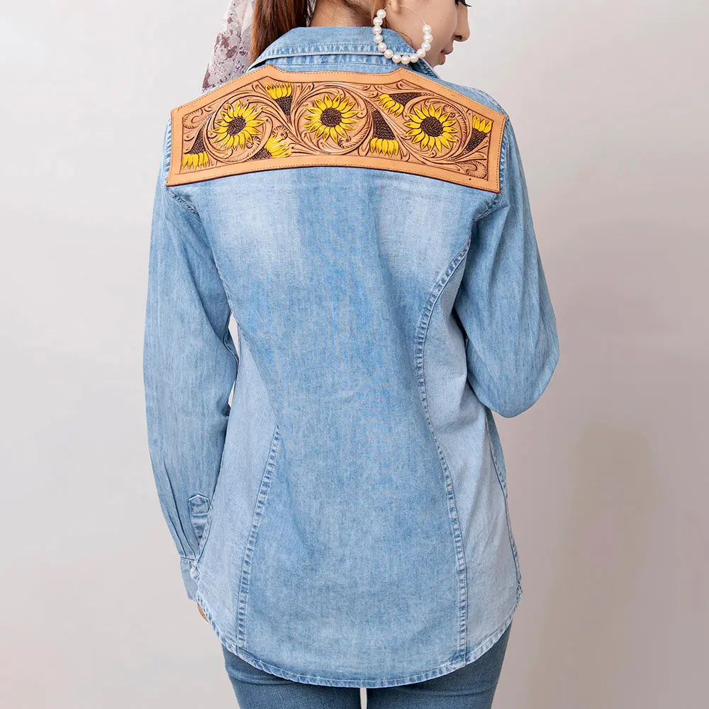 American Darling Genuine Leather Hand Tooled Carved Women 100% Cotton Denim Blazer Dress Jacket Ladies | Vintage 1