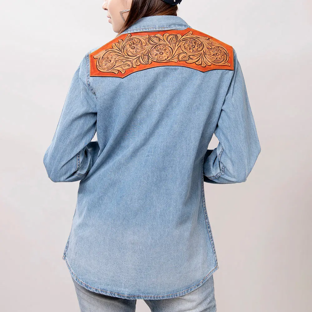 American Darling Genuine Leather Hand Tooled Carved Women 100% Cotton Denim Blazer Dress Jacket Ladies | Vintage 1