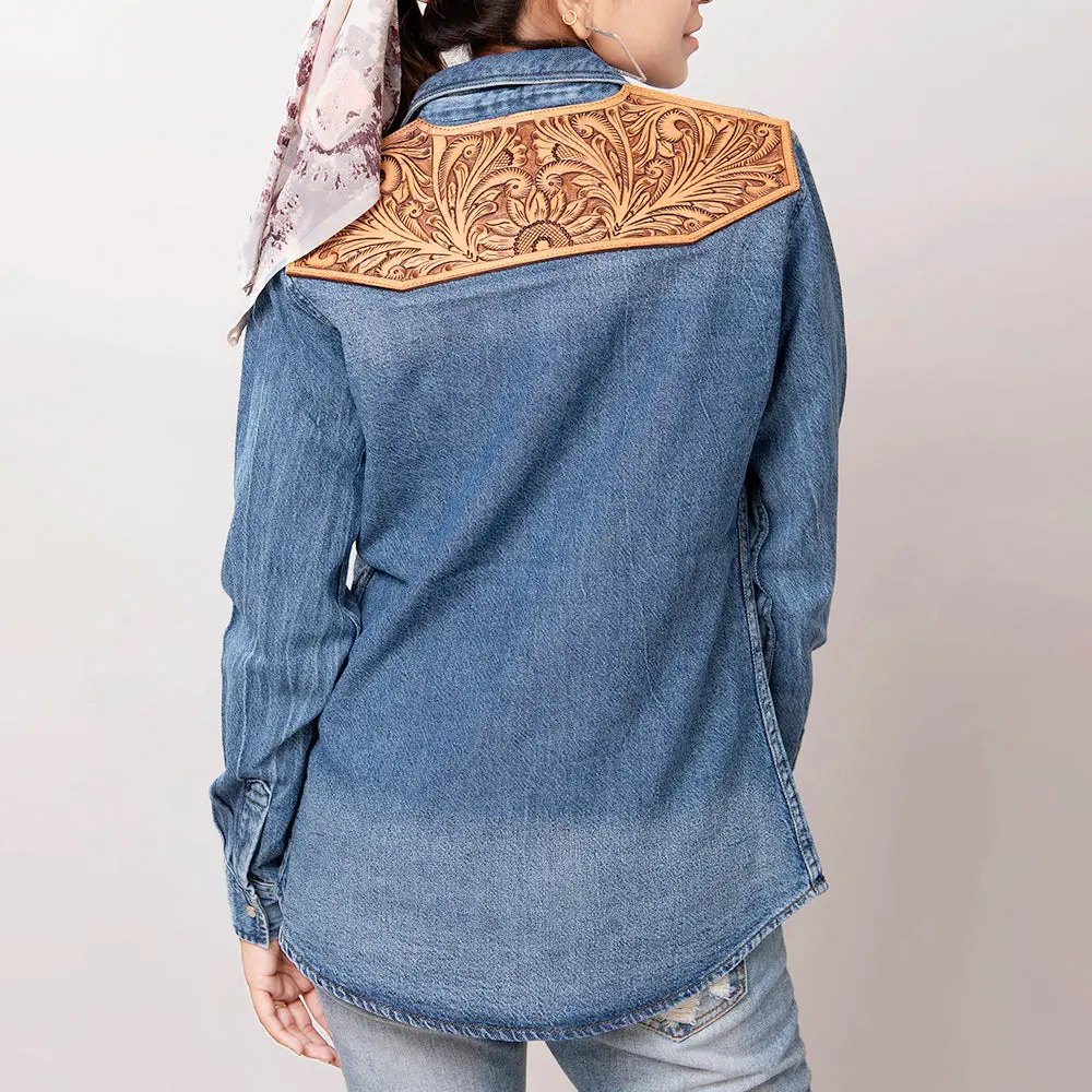 American Darling Genuine Leather Hand Tooled Carved Women 100% Cotton Denim Blazer Dress Jacket Ladies | Vintage 1