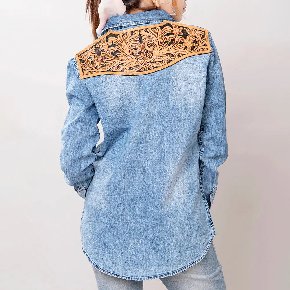 American Darling Genuine Leather Hand Tooled Carved Women 100% Cotton Denim Blazer Dress Jacket Ladies | Vintage 1