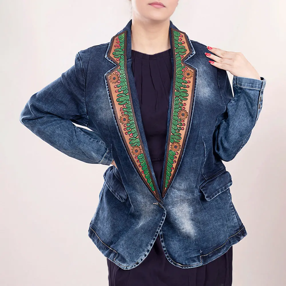 American Darling Genuine Leather Hand Tooled Carved Women 100% Cotton Denim Blazer Dress Jacket | Vintage 1