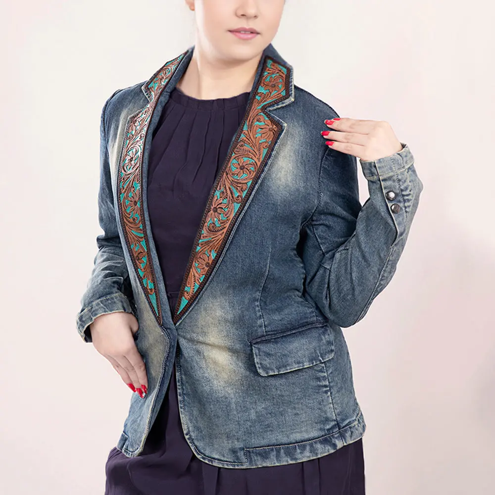American Darling Genuine Leather Hand Tooled Carved Women 100% Cotton Denim Blazer Dress Jacket | Vintage 1