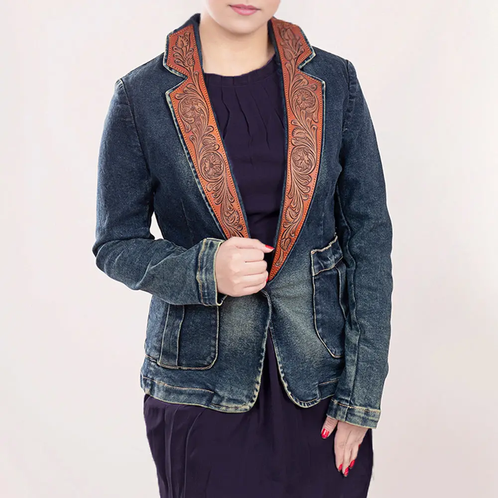 American Darling Genuine Leather Hand Tooled Carved Women 100% Cotton Denim Blazer Dress Jacket | Vintage 1