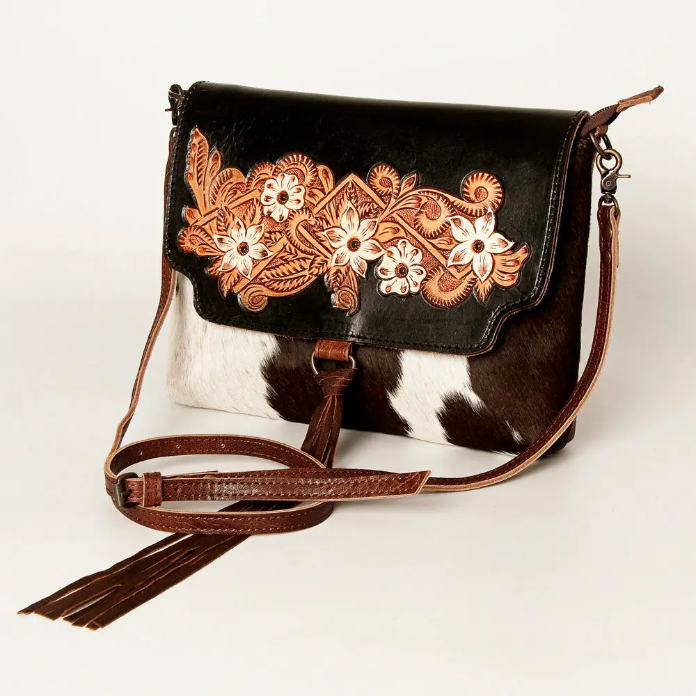 American Darling Small Cross Body Bag Western Hand Tooled Floral Genuine Leather And Hair-On Cowhide With Ykk Zipper 1