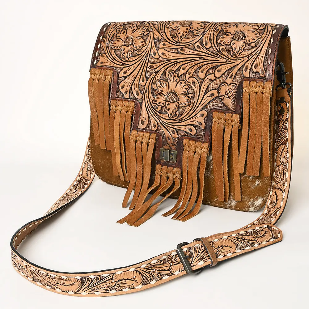 American Darling Messenger Bag Western Hand Tooled Floral Genuine Leather With Hair-On Cowhide Fringes & Ykk Zipper For Women 1