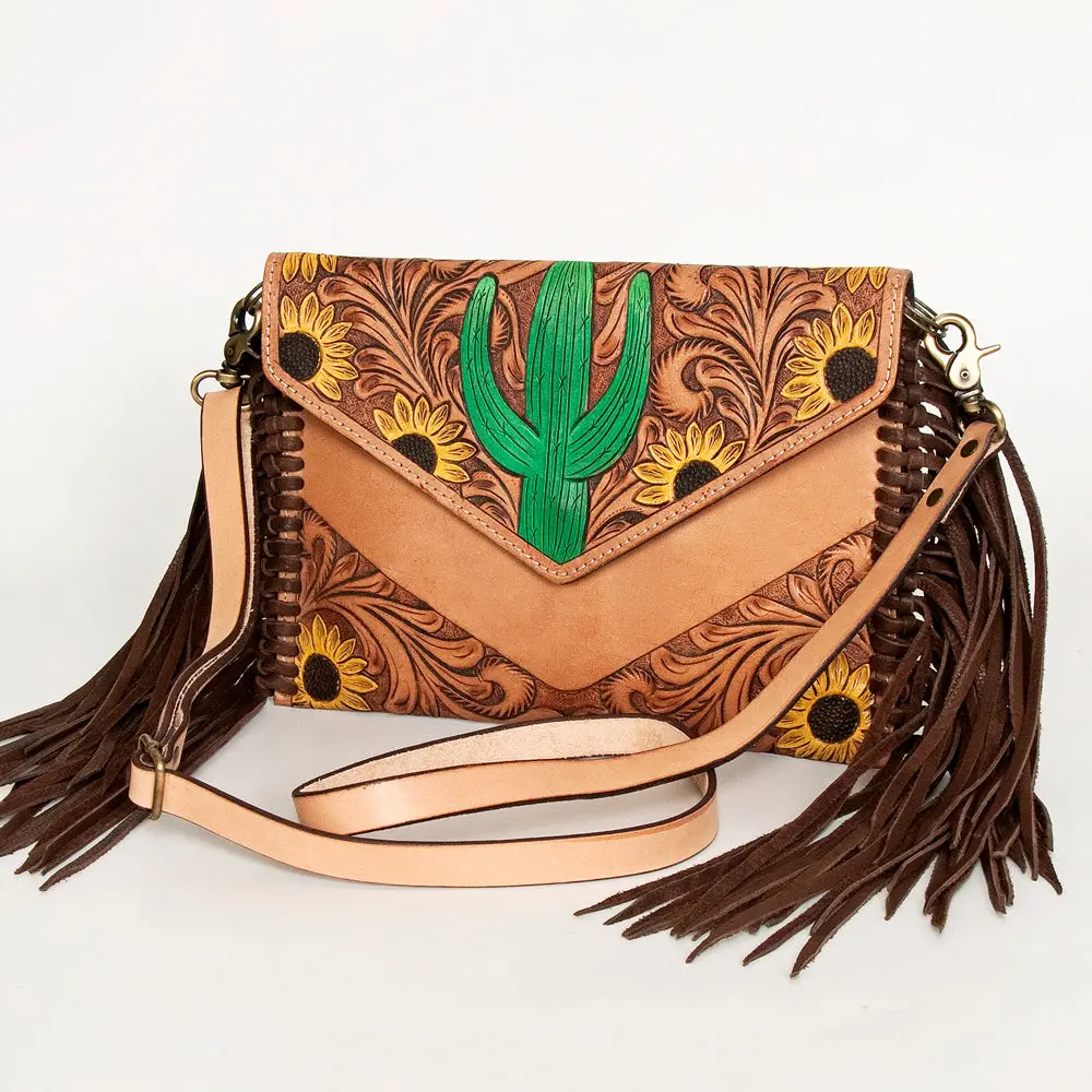 American Darling Leather Envelope For Women - Hand Tooled Floral Carved Genuine Leather Crossbody With Fringes & Ykk Zipper 2
